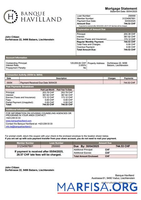 Realistic Liechtenstein Banque Havilland mortgage statement Word and PDF template
